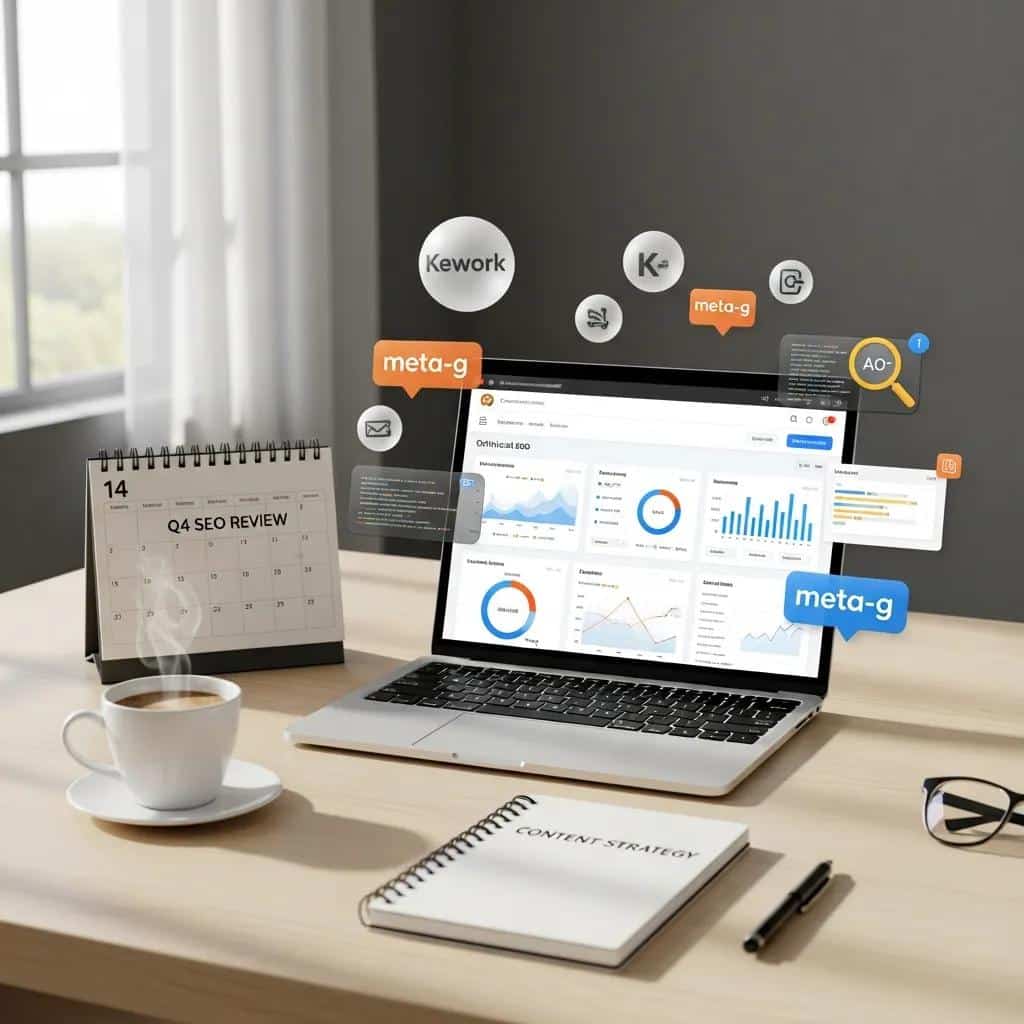 Modern workspace with laptop showing SEO tools and elements related to on-page SEO techniques