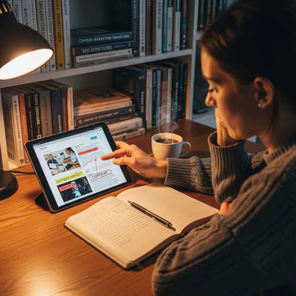 Person reviewing website content on a tablet with notes and coffee, showing content optimization in practice