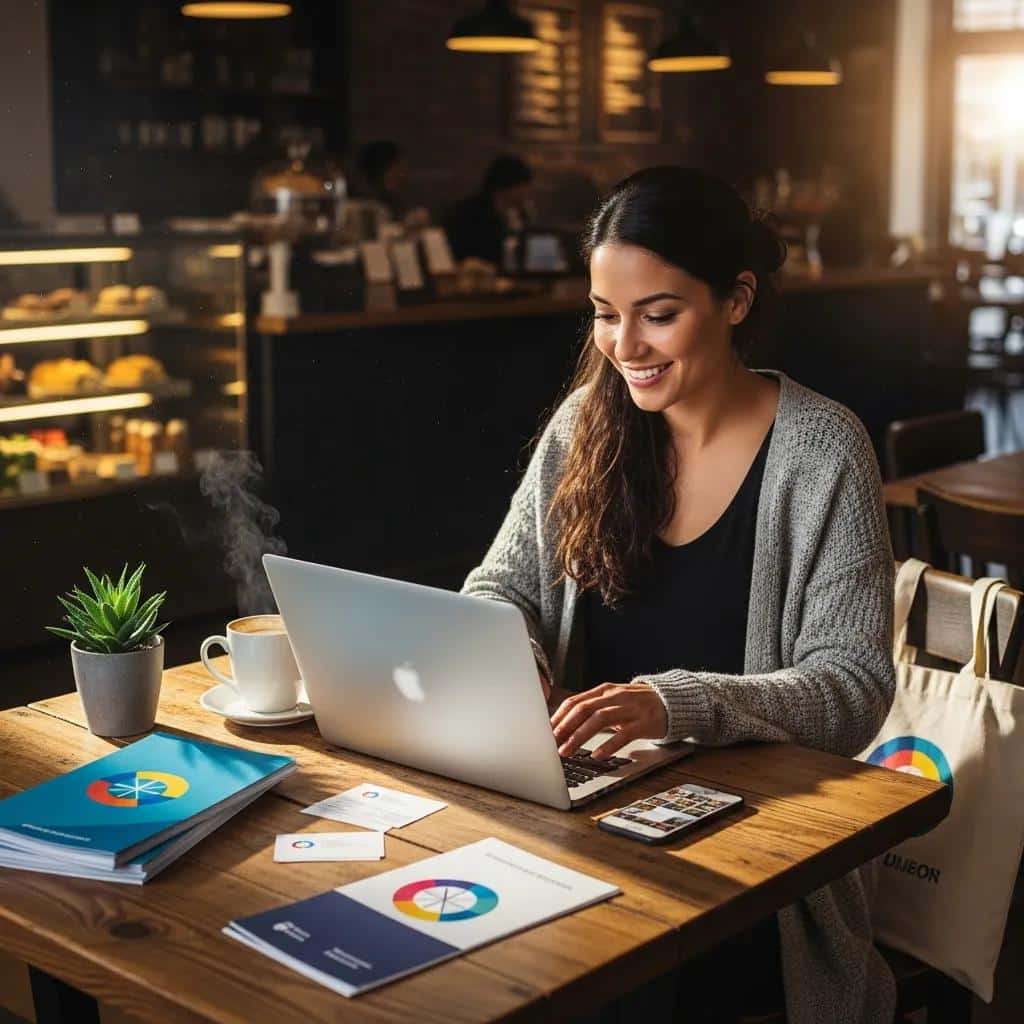 Small business owner working on marketing strategies in a cozy café