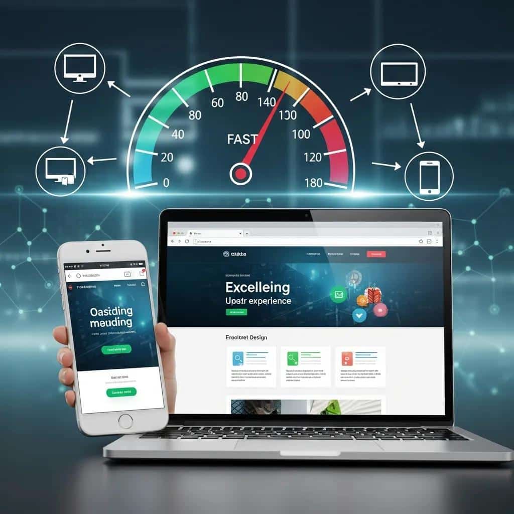 Smartphone and laptop showing fast‑loading pages, highlighting page speed and mobile optimization