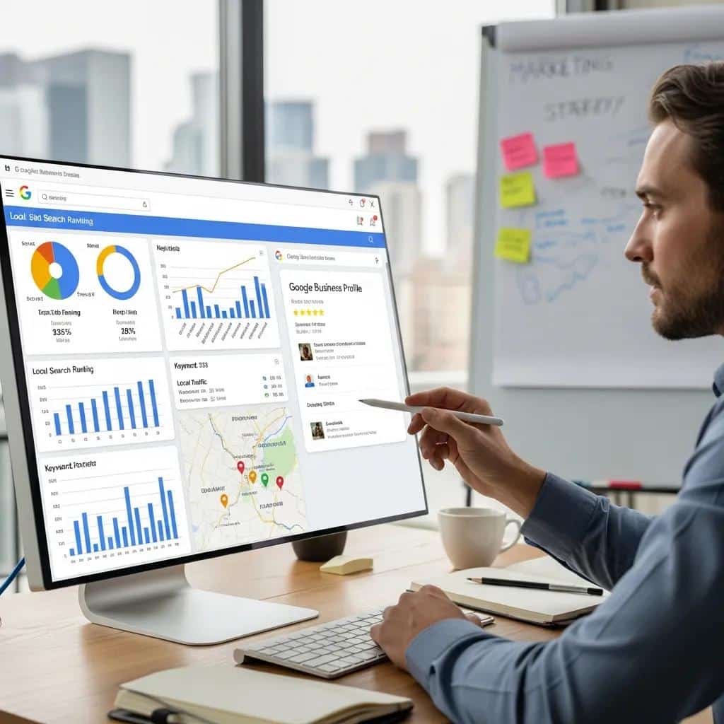 Marketer reviewing local SEO and Google Business Profile to boost local visibility