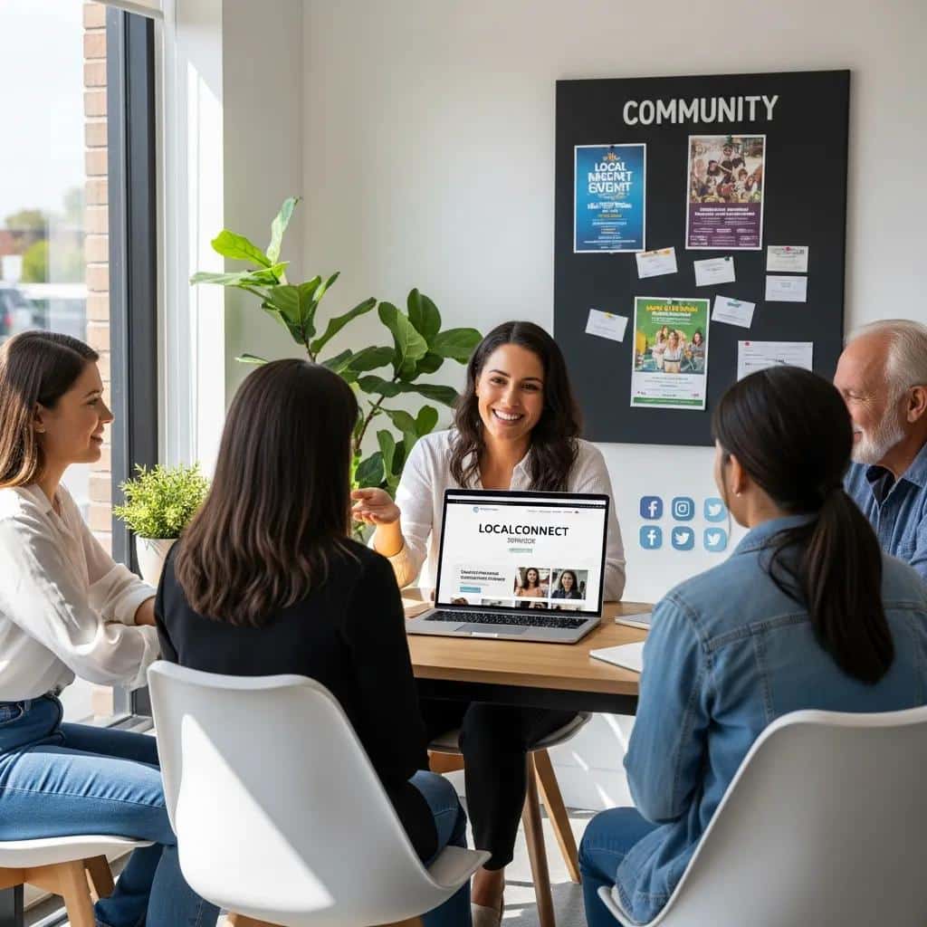 Local service business owner engaging with customers in a modern workspace, emphasizing online presence