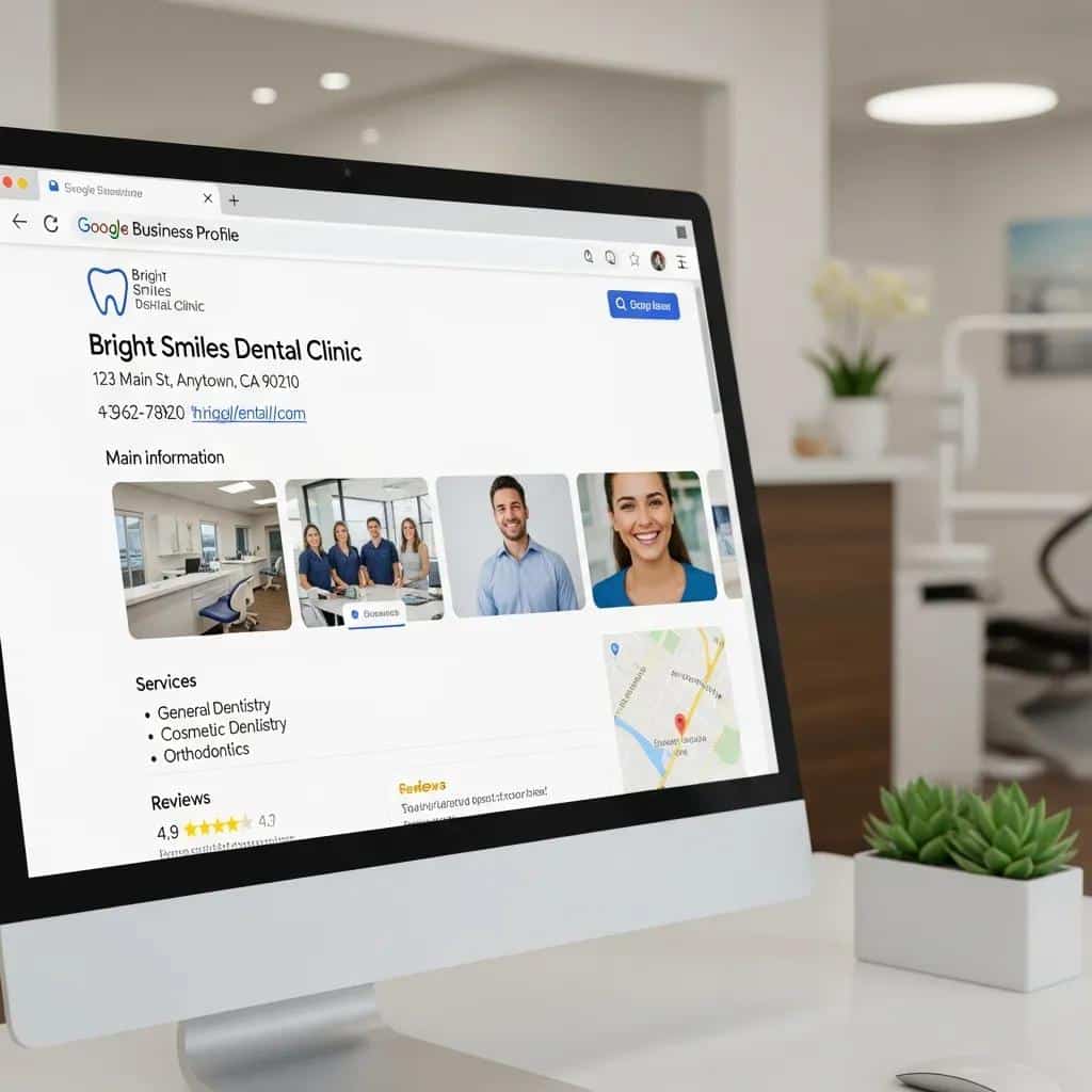 Google Business Profile for Bright Smiles Dental Clinic, showcasing contact details, services like general and cosmetic dentistry, and a map location, emphasizing local SEO for dental practices.