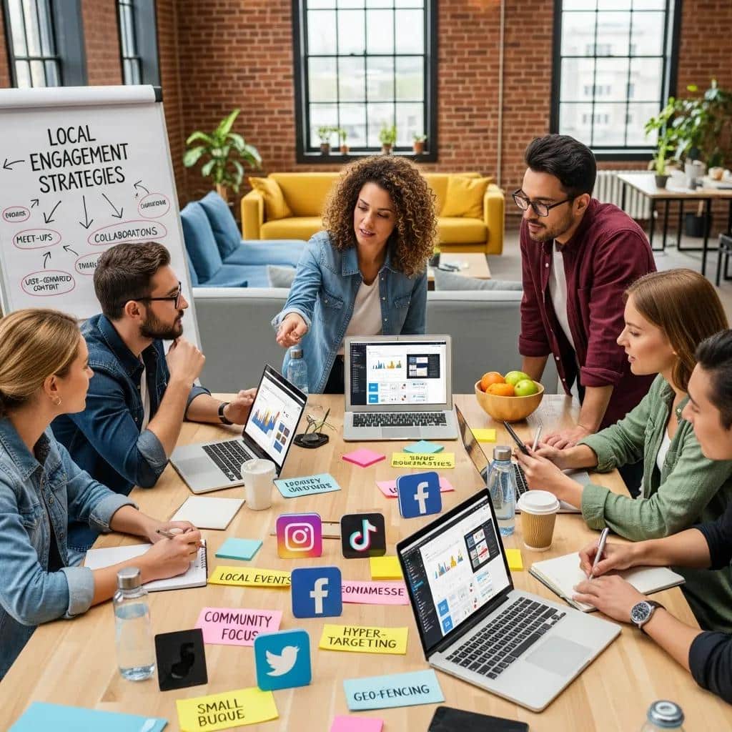 Team planning social media strategies to connect with local customers