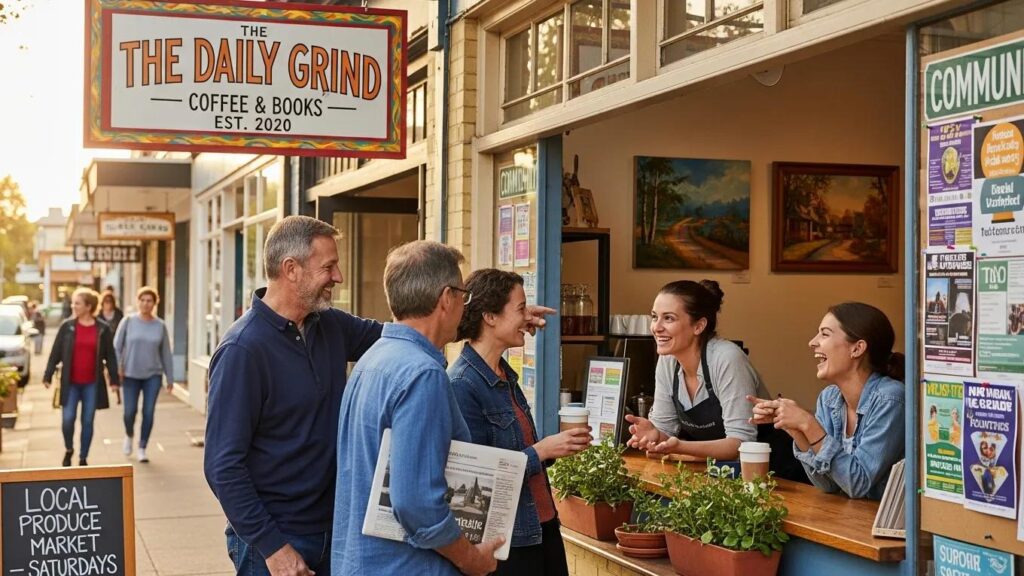 Local business owner engaging with customers in a community setting, emphasizing local link building