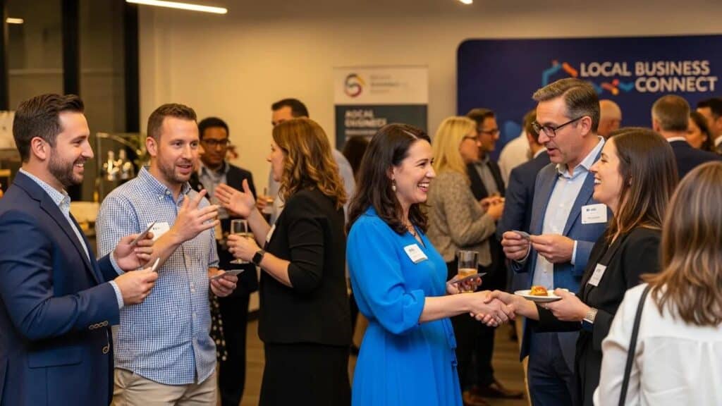 Local business owners networking at an event, highlighting community backlink outreach techniques