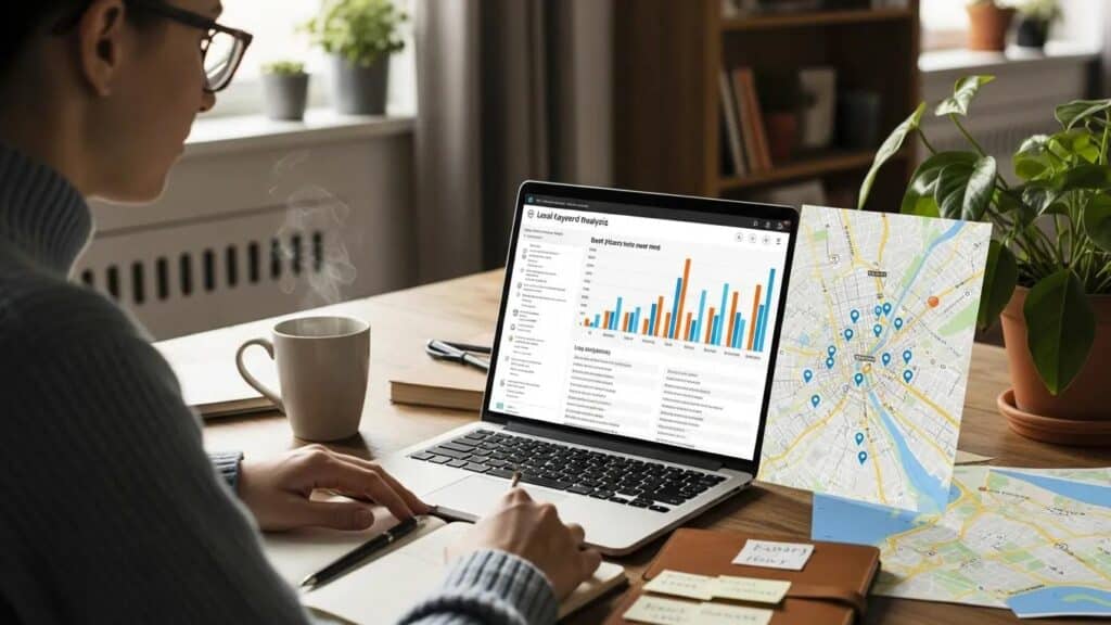 Person analyzing local keyword data on a laptop in a cozy workspace