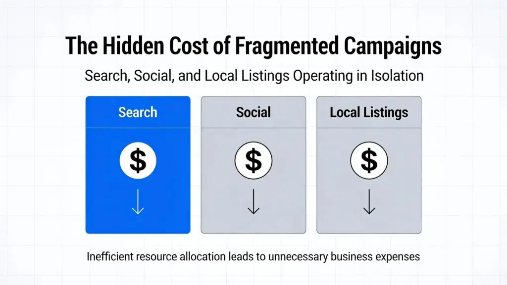 Fragmented campaigns cost businesses real money. When search, social, and local listings operate in isolation